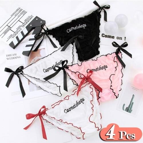 4Pcs/Lot Ruffle Cartoon Cute Panties Sex Girls Bow Letter Patterned Kawaii Underwear Women Crotch Cotton Briefs Lingerie Set