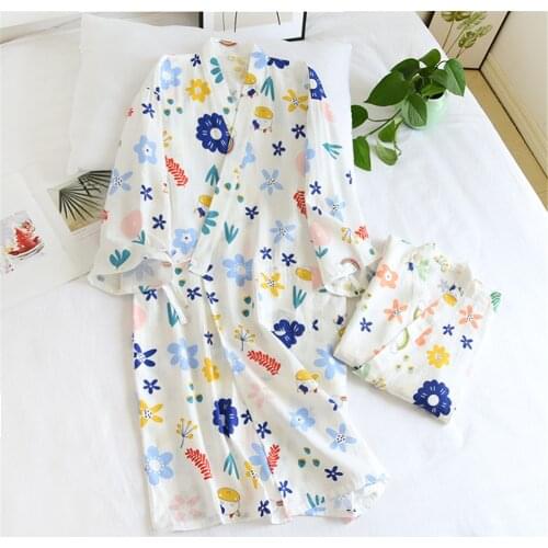 Japanese-style kimono pajamas summer new cotton gauze nightgown bathrobe ladies soft loose homewear long lace-up pajamas women