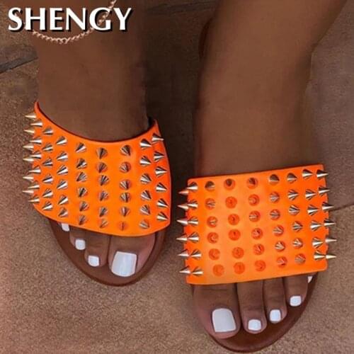 SHENGY Summer Women Rivet Slippers Candy Color Ladies Flat Slides Open Toe Non-slip Outdoor Beach Lightweight Sandals Slippers