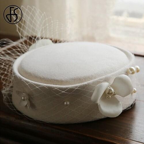 FS British Wool Felt Beret Fascinator Wedding Top Hat Cap Female Flower Beads Fedora Church Party Dress Derby Hats With Veils