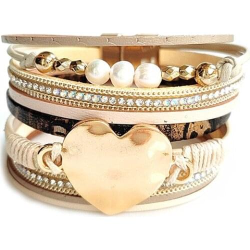 Gold Peach Heart Metal PU Leather Bracelets for Woman Fashion 2020 Multilayer Wide Wrap Charm Bracelet & Bangle Female Jewelry