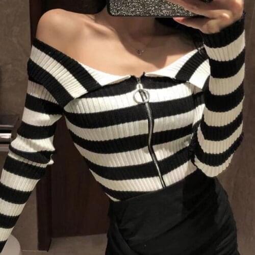 Sexy Zipper Off Shoulder Sweater Women Striped 2020 Spring Autumn Female Knitted Sweater Cardigans Long Sleeve Chic Korean Top