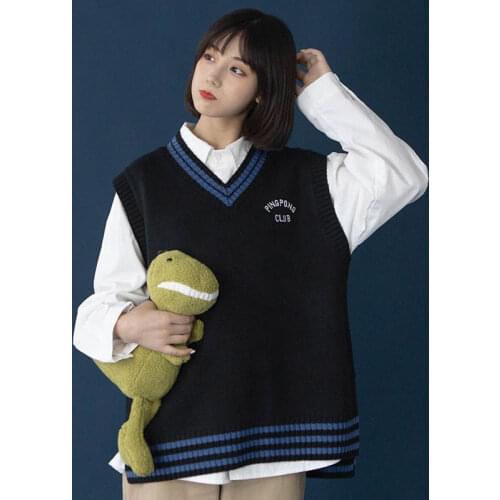 Black And Blue 2021 Spring Autumn Women Pullovers And Vest Jumper Preppy Style Letter Embroidery Soft Warm Female Knitted Vest