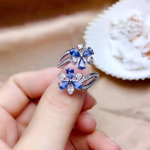 Flower style classic natural blue Sapphire ring for women jewelry real 925 silver adjustable size party gift lucky birthstone