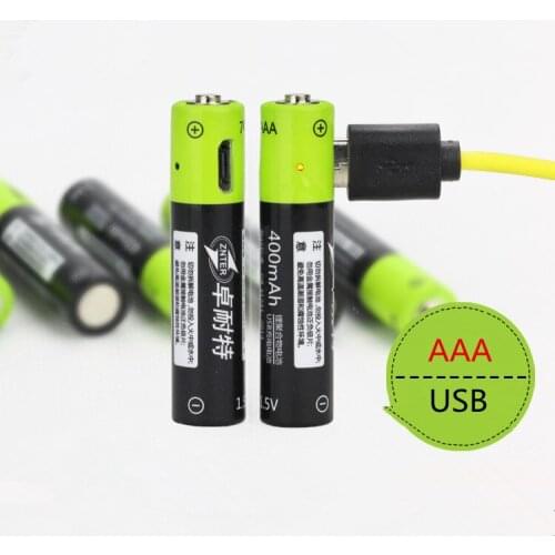 ZNTER 2pcs/lot 1.5V AAA 400mah li-polymer li-ion lithium rechargeable battery USB battery with USB charging line