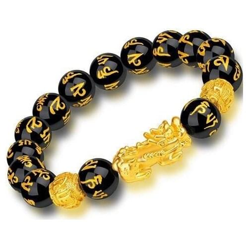 Gold Black Pixiu Wealth and Good Luck Women Bracelet Feng Shui Obsidian Stone Beads Bracelet Men Women Unisex Wristband