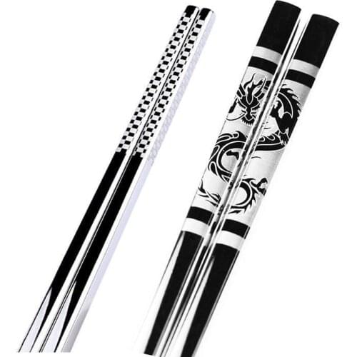 1pair Stainless Steel Square Chopsticks Chinese Dragon Healthy Light Weight Chinese Chopsticks Metal Non-slip Design Kitchen