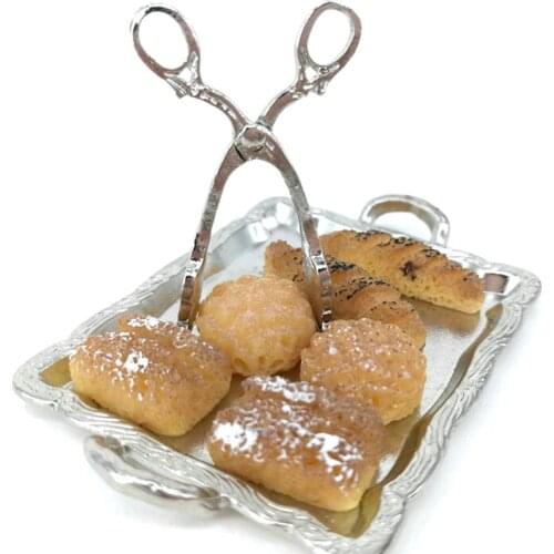 8Pcs/Set 1:12 Cute Miniature Dollhouse Miniature Accessories Silver Tray + Silver Clip + 6 Breads Kitchen Toy Accessories