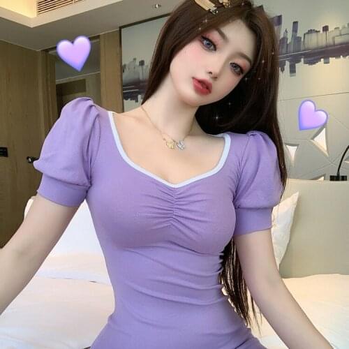 Purple Sexy Nightclub Dress Summer Slim Womens Mini Tight Dress Skinny Square Collar Vintage Womens Short Puff Sleeve Dress