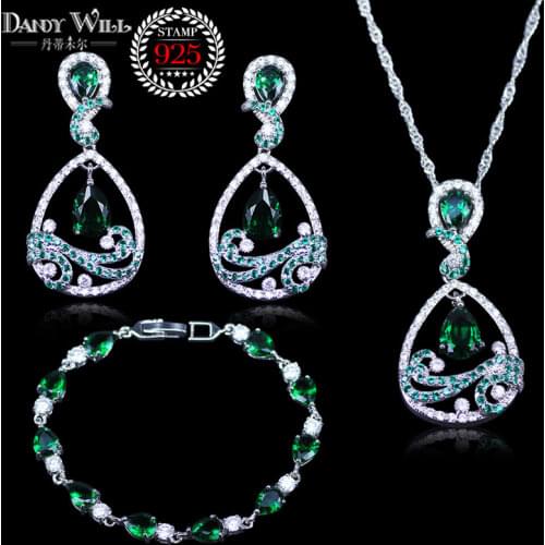 Exquisite Water Drop Green Stone silver color Jewelry Sets For Women Wedding Earrings Bracelet Pendant Necklace Free Gift Box