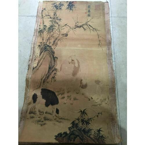 Chinese Old Scroll Lang shi ning - Three Rams Bring Bliss Painting Rice
