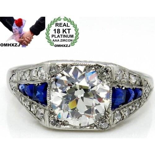 OMHXZJ Wholesale European Fashion Woman Man Party Wedding Gift Luxury Square White Blue AAA Zircon 18KT White Gold Ring RR658