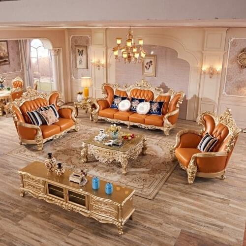 European-style Leather Sofa Full Solid Wood Carved High-end Small Medium-sized Living Room Chaise Sofa 124 Combination