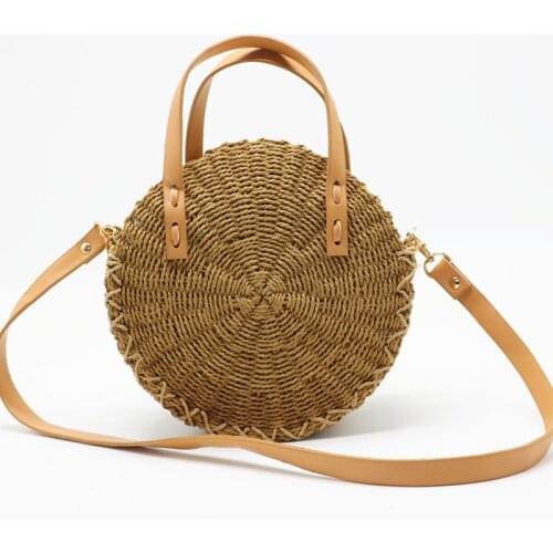 Handmade Rattan Weave Round Beach Bag Leather Hand Shoulder Strap Knit Ladys Handbag Woman Messenger Bag Khaki Beige black Tote