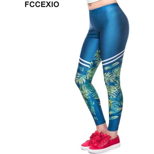 FCCEXIO 2019 New Fashion Women Weeds Leggings Workout Leggins Fitness Legging Sexy Pants High Waist Print Tropical Weeds Pants