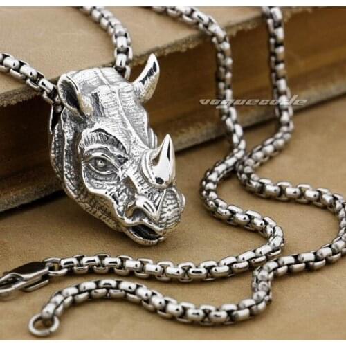 LINSION Rhino Rhinoceros Head Pendant 925 Sterling Silver Mens Biker Pendant 8C024