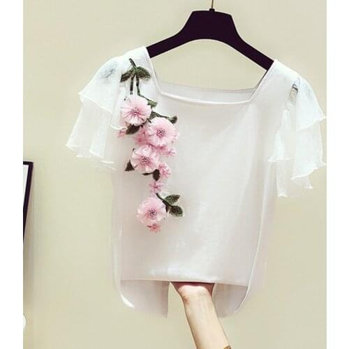 Sweet Lace Embroidery Women T-shirts 2021 Summer New Square Collar Short-sleeved Knitted White Office Lady Tops Tees
