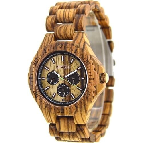 BEWELL Mens Sandal Wooden Watches Handmade Date Display Analog Quartz Vintage Round Wood Watch