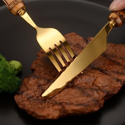 Tableware With Natural Bamboo Handle, Steak Knives Golden Cutlery Silver Stainless Steel Flatware Cutlery, Forks Spoons Knives