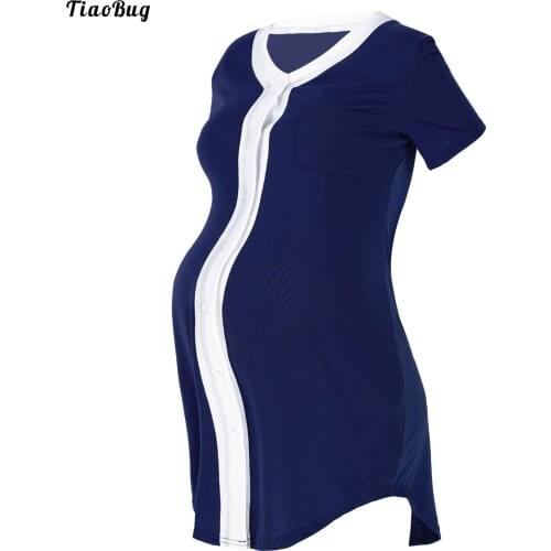 TiaoBug Pregnant Women Clothing Short Sleeve Patchwork Pocket Buttons Front Knee-Length Sleeping Dress For Nursing Breastfeeding