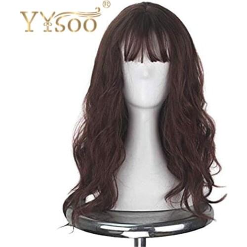 YYsoo Long Brown Loose Wave Cosplay Wig With Bangs Fluffy Curly Hair No Lace Wig for Girls Costume Party Wig with Air Bangs