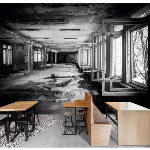 Custom 3D Photo Self Adhesive Wallpaper Creative Space Black White Factory Building Graffiti Art Painting Restaurant Cafe Decor