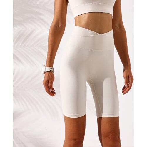 Cross Over Waist Camel Toe Proof Yoga Workout Biker Shorts Women Sexy V Waist Squat Proof Gym Fitness Sport Knee Length Shorts
