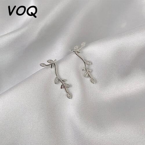 VOQ 925 Sterling Silver Leaf Stud Earrings Exquisite Jewelry Womens Wedding Fashion Jewelry Gifts