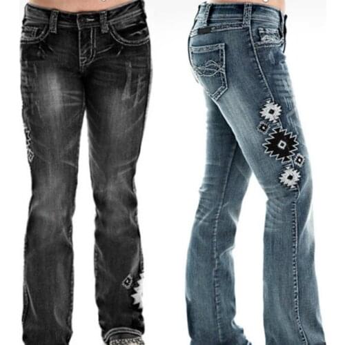 2020 New Arrival Woman Women Mid Waisted Denim Jeans Embroidery Stretch Button Straight Pants Jeans Shredded Jeans Trousers