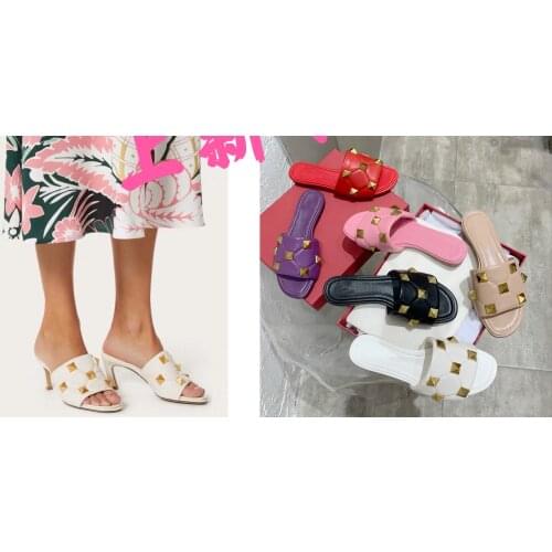 Womens 2021 New Summer New Style Riveting Nail Lazy Half Slippers High Heeled Flat Sole Shoes Real Leather Luxury SheepskinMate