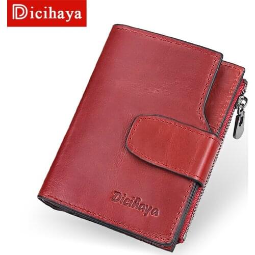 DICIHAYA Genuine Leather Women Wallet Hasp Small and Slim Coin Pocket Purse RED Women Wallets Cards Holders Brand Designer Purse