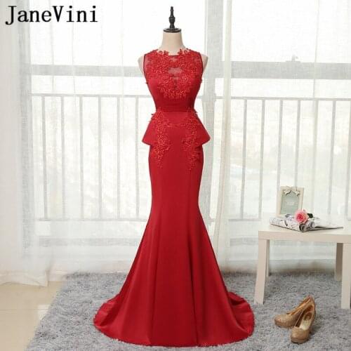 JaneVini Red Long Dress Elegant Mermaid Mother Of The Bride Dresses With Peplum Arabic Robe Lace Sweep Train Wedding Party Dress