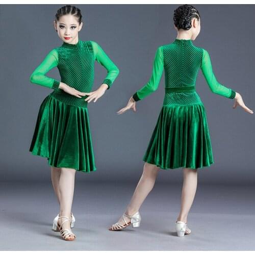 2020 Latin Dance Clothes Girls Professional Long-Sleeved Dance Dress Velvet One-Piece Competition Latin Dance Clothes SL4224