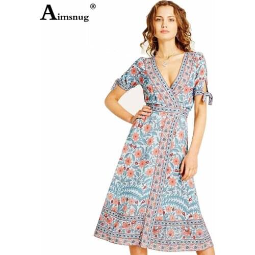 Aimsnug 2021 Summer Ladies Elegant Knee-Length Dress Bohemian Flower Print V-neck Dresses Plus size Women Casual Loose Dress