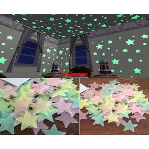 100sets Fast Shipping 100pcs/set 3cm Star Wall Stickers 3D Plastic Fluorescent Paster Glowing In The Dark For Baby Room F053102