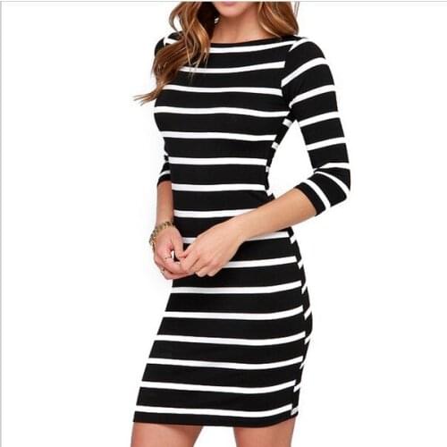 2018 Fashion Dresses Long Sleeve Summer Autumn Womens O-Neck Stripes Slim Dresses
