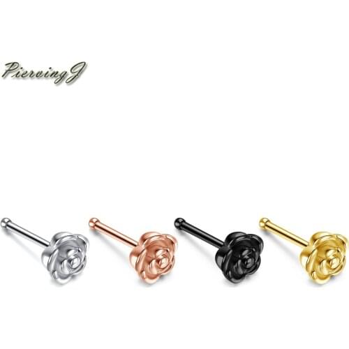 PiercingJ Stainless Steel 4Pcs/Set Mixed Colors Nose Stud 20ga/0.8mm Rose Nostril Nails Nose Ring Piercing Jewelry For Women