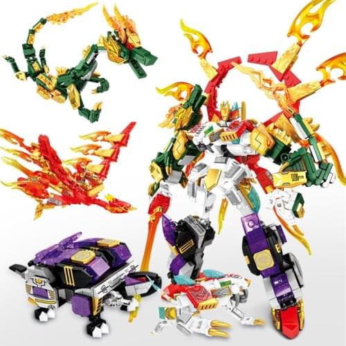 861pcs 4 in 1 China Mythical Beast Transformation God Creature Mecha Building Blocks Robot Animal Bricks Toy For Children