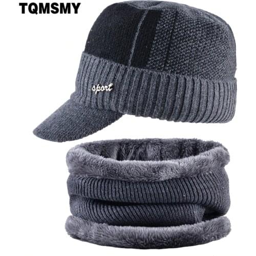 TQMSMY Winter military Hats For Men Bone baseball cap mens Knitted wool caps Double Layer warm Gorros Scarf Hat Set