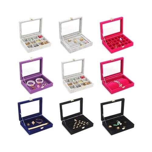 TONVIC 20X15cm Black/Pink/Gray/Purple Velvet Jewelry Display Box Ring Eearring Storage Compartments Tray With Glass Lid