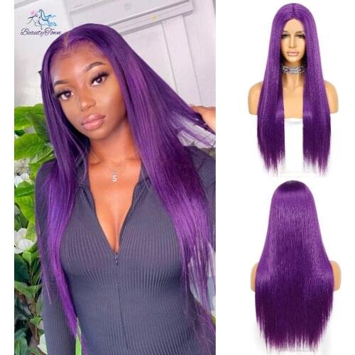 Beautytown Purple Synthetic Wigs Long Straight Lace Futura Hair for Women Party Holiday Cosplay Wigs High Resistant Fiber 2021