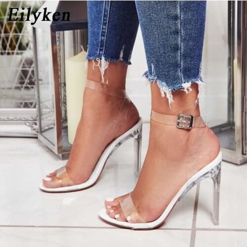 Eilyken 2021 PVC Jelly Sandals Crystal Open Toed High Heels Buckle Strap Women Transparent Heel Sandals Sexy Pumps 11CM