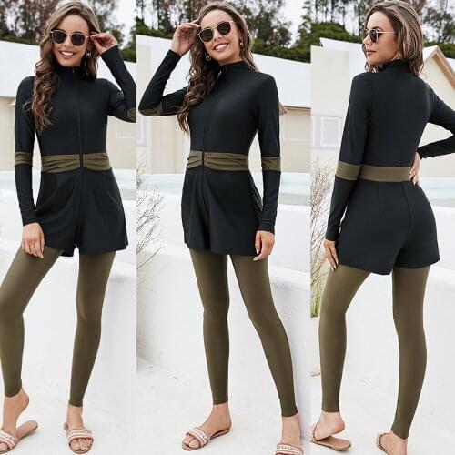 Black Muslim Swimwear Women Modest Patchwork Zipper One Pieces Long Sleeve Sport Swimsuit Islamic Burkinis Beach Bathing Suit