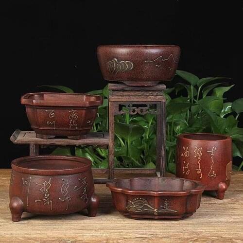 Yixing Purple Sand Flowerpot Retro Embossed Palm Round Pot Desk Bonsai Pot Chinese Style Personality Potted Plant
