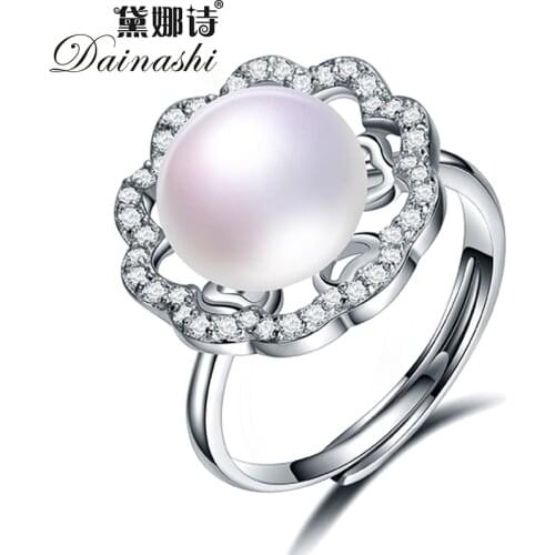 Dainashi Fashion Gift 100% Genuine Freshwater Cultured Pearl Ring Vintage 925 Sterling Silver Flower Zircon Adjustable Ring