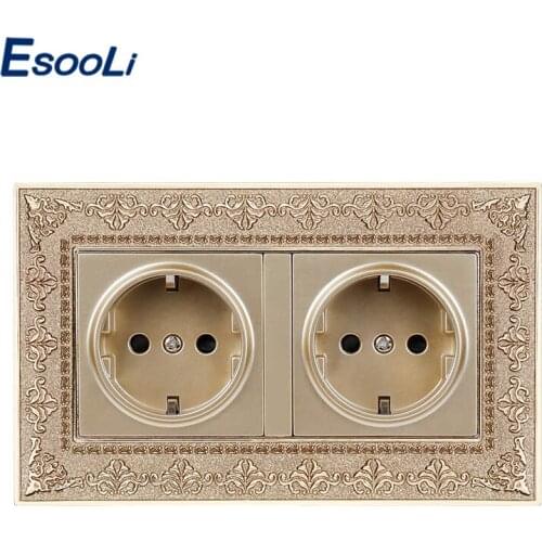 Esooli 16A Double EU Standard Power Socket 4D Embossing Retro Zinc Alloy Panel 16A Electrical Outlet 146*86 Type