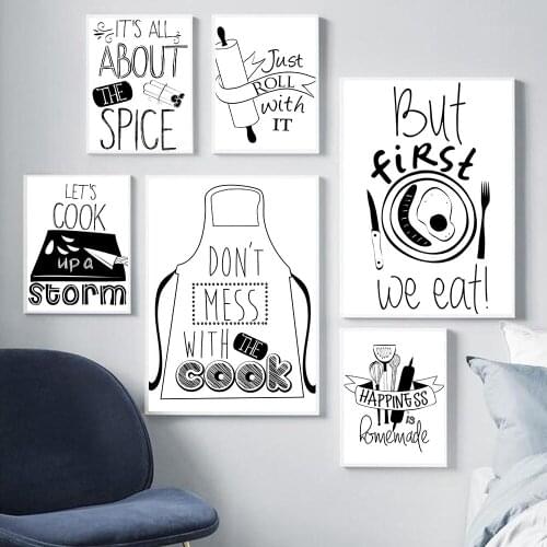 Canvas Painting Quotes But First We Eat Wall Art Kitchen Poster and Print Black White Wall Pictures for Living Room Home Decor