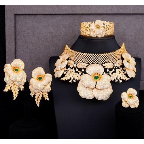 LARRAURI African Cubic Zircon Dubai Bridal Jewely Luxury Princess Crown Flower Statement Choker Jewelry sets For Women Wedding