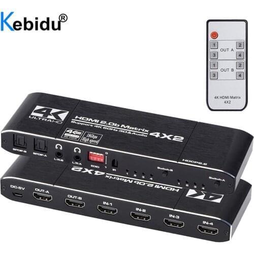 4x2 4K@60Hz Matrix Switcher HDR HDMI-compatible Switch Splitter 4 in 2 out YUV 444 Optical SPDIF + 3.5mm jack Audio Extractor