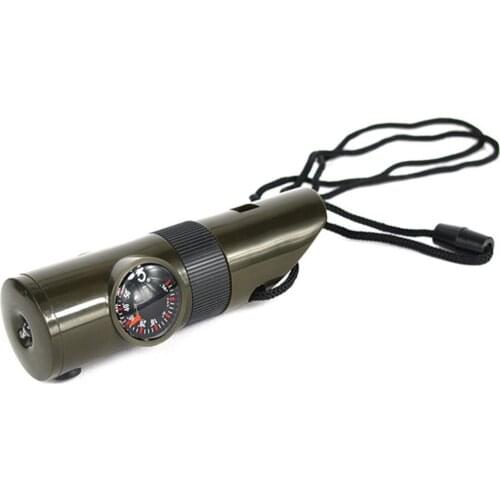 Multifunctional Whistle 7 In 1 Survival Trekking Compass Mirror Torch Magnifier Led Light Thermometer Storage Tools